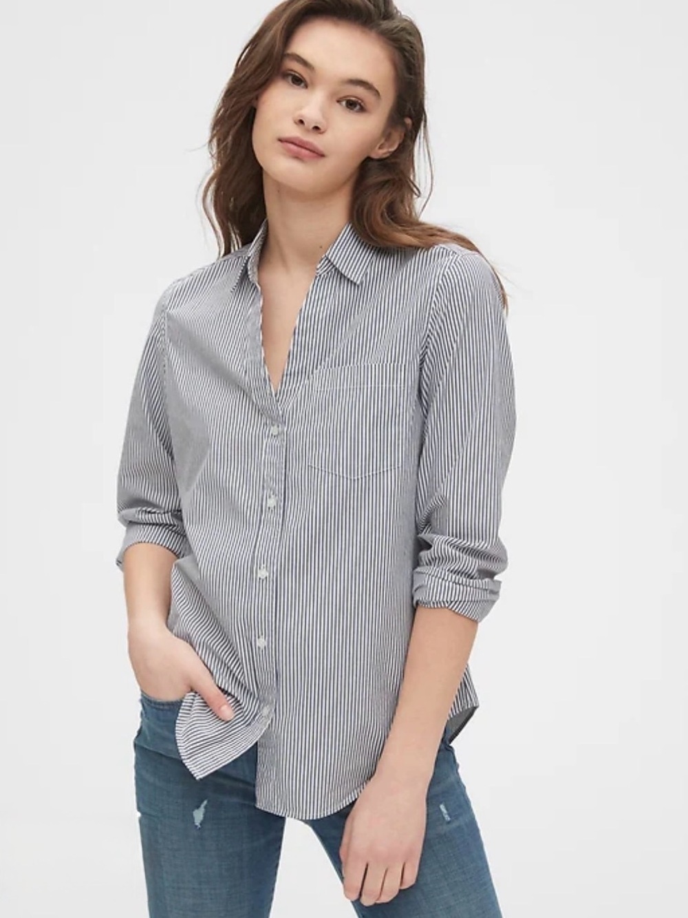 GAP Women’s Perfect Shirt 80s Superfine Poplin Navy and White - Picture 7 of 8